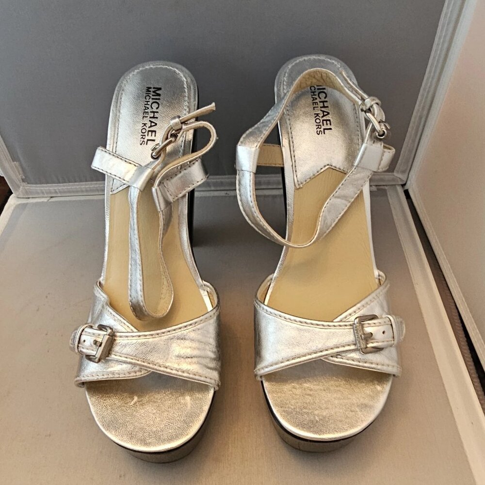 Michael Kors Women's Sandal High Heel Faux Leather Silver Size 11M Ankle Strap